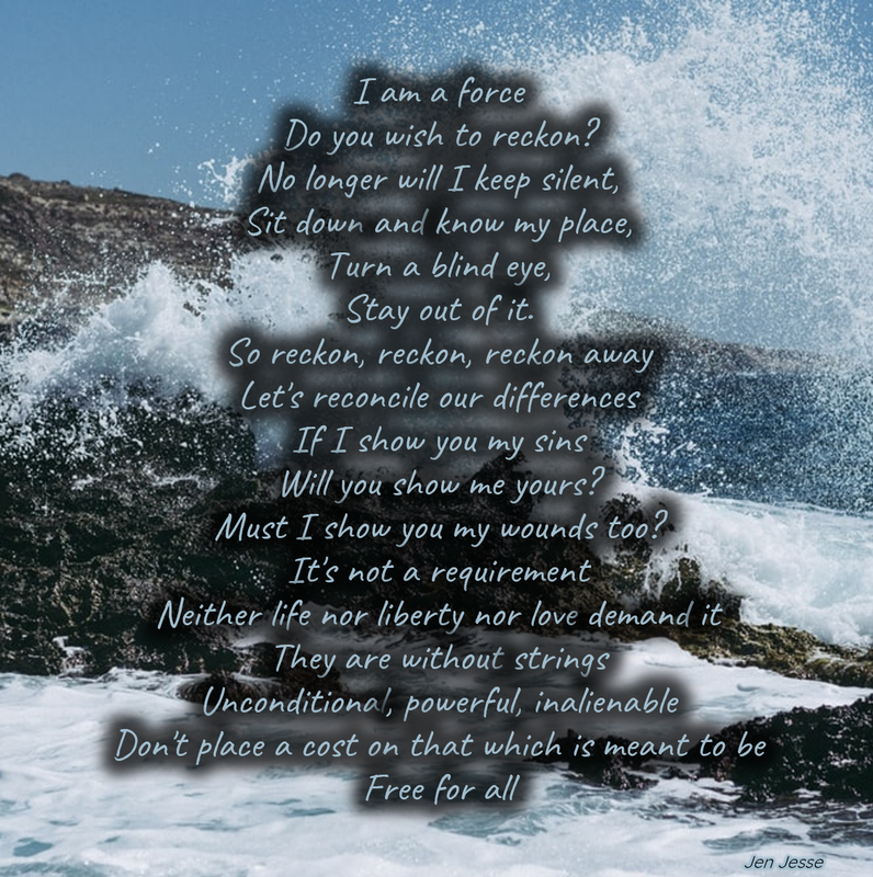 A photo of waves crashing against rocks, with the poem text superimposed. Poem text is transcribed below.